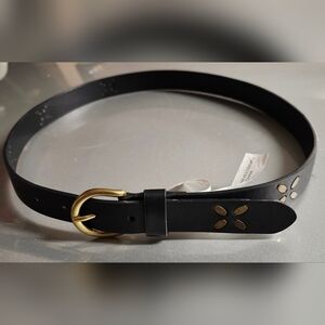 Black Bonded Leather Belt with Gold Accents